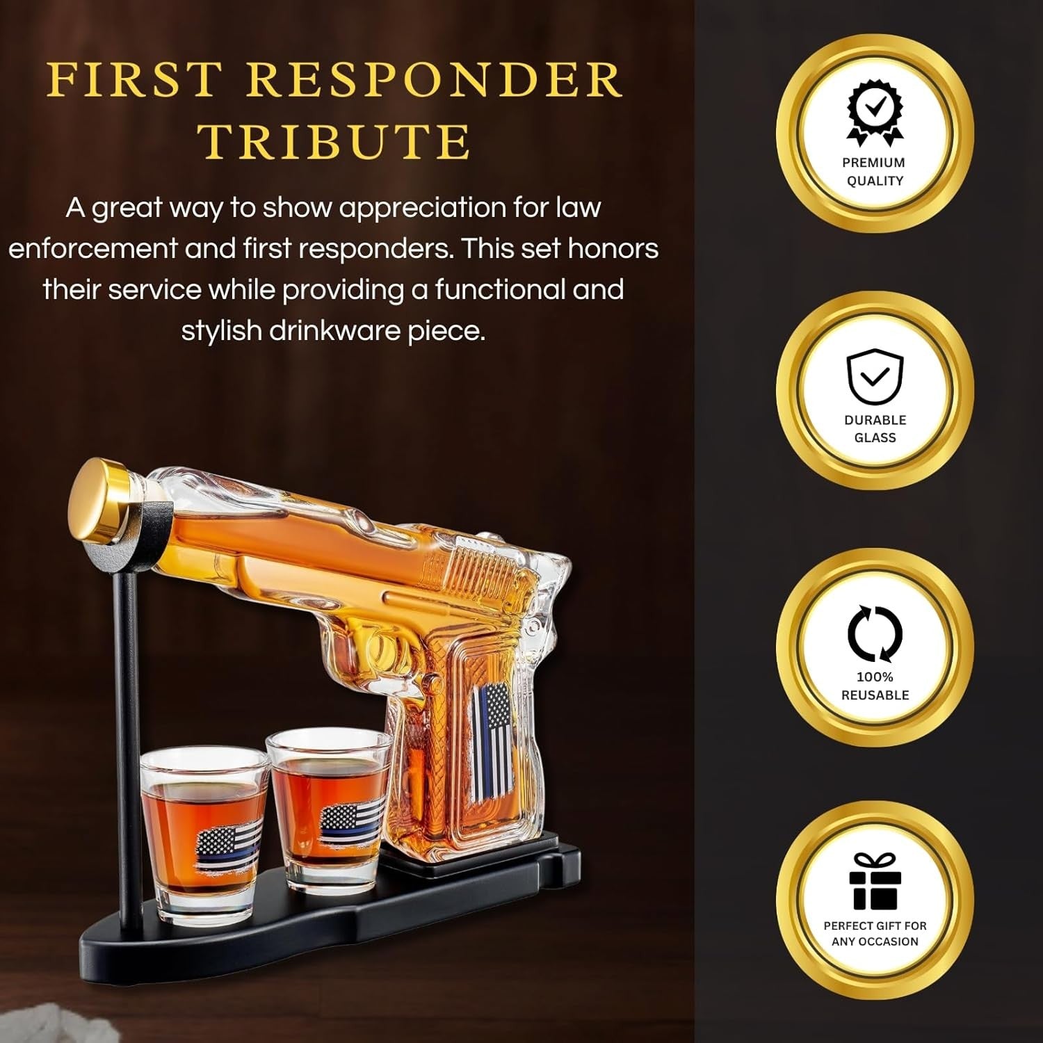 Whiskey Gun Decanter Set with Glasses & Stand – 8oz Pistol Bar Gift
