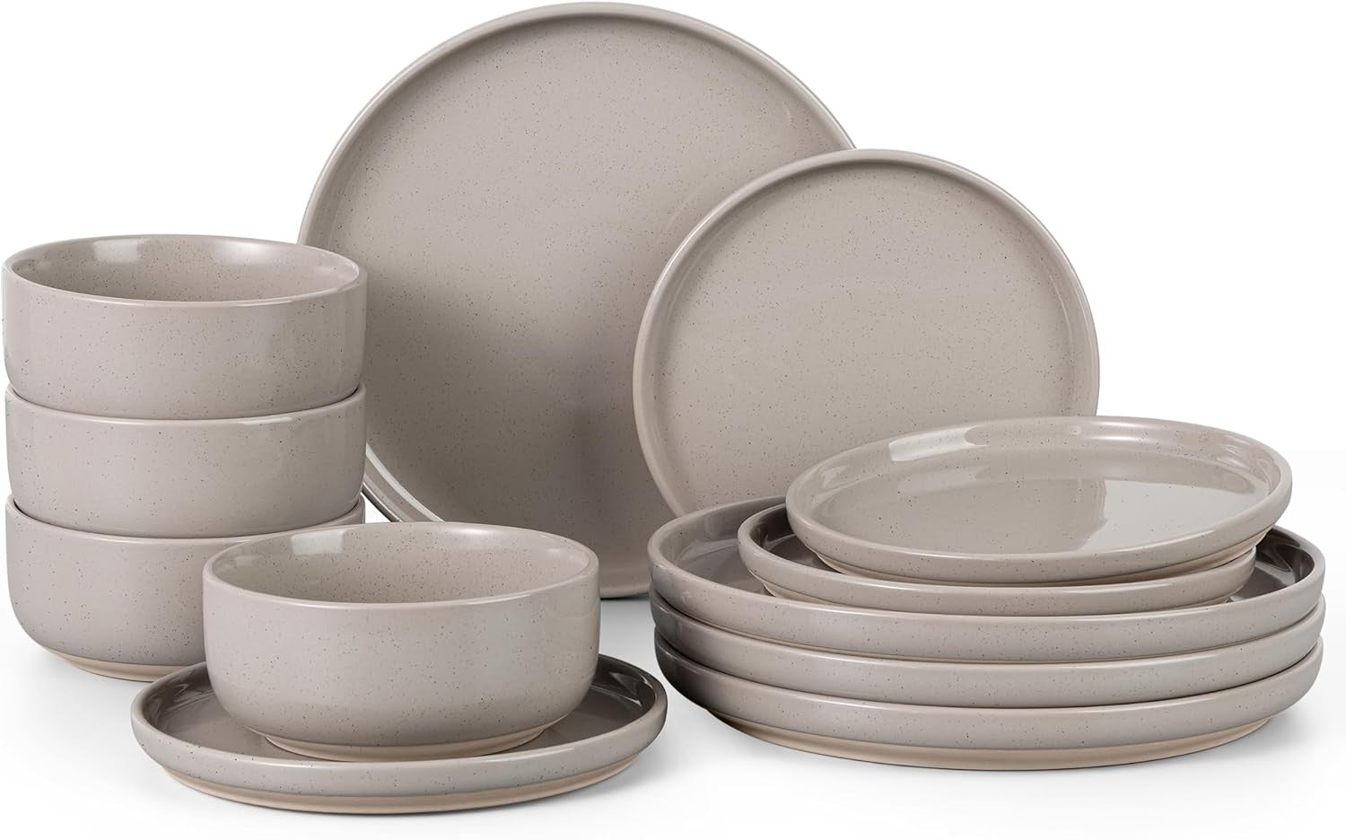 12pc Stoneware Dinnerware Set Plates Bowls Speckled Cream for 4