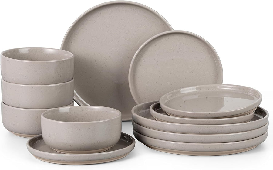 12pc Stoneware Dinnerware Set Plates Bowls Speckled Cream for 4