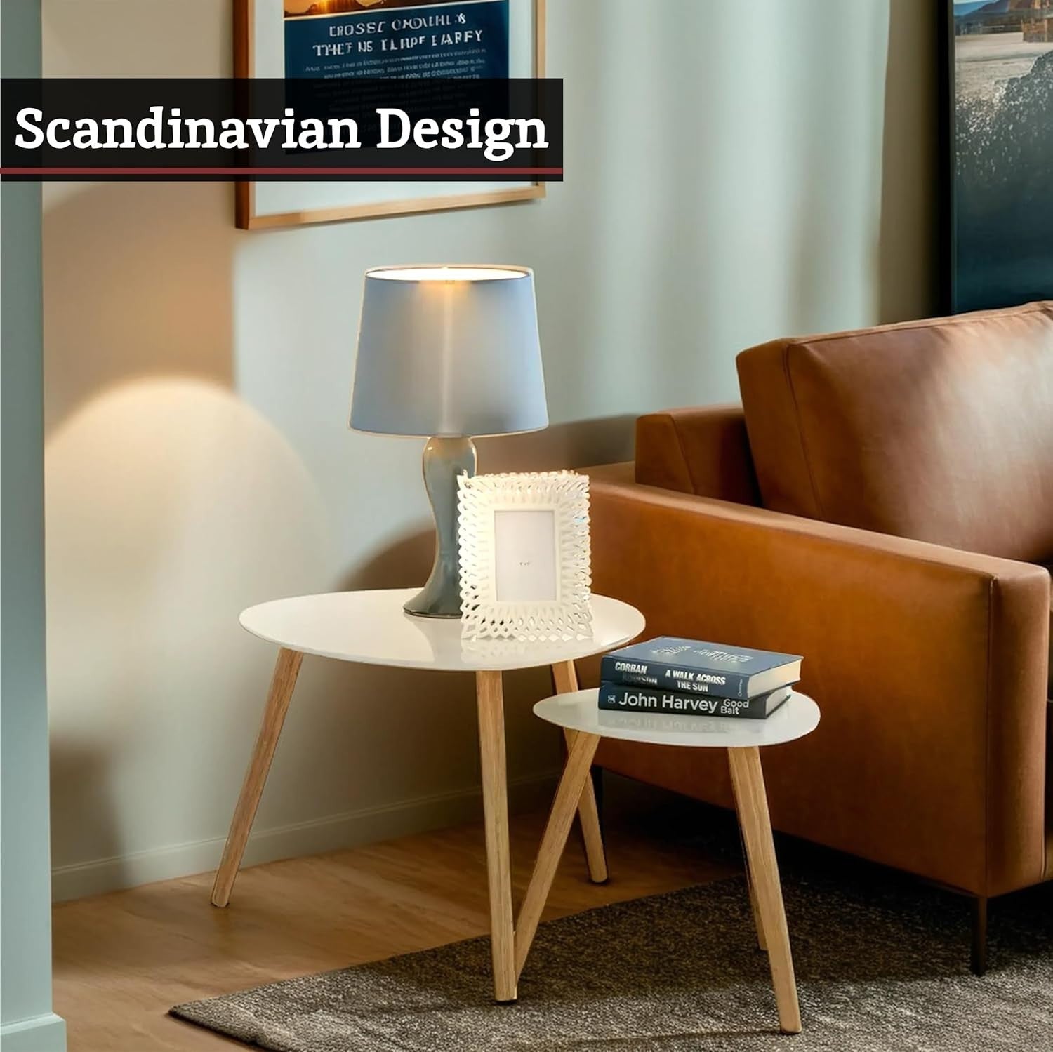 Oval White High Gloss Nesting Coffee Tables Set of 2 Scandinavian Wood Legs