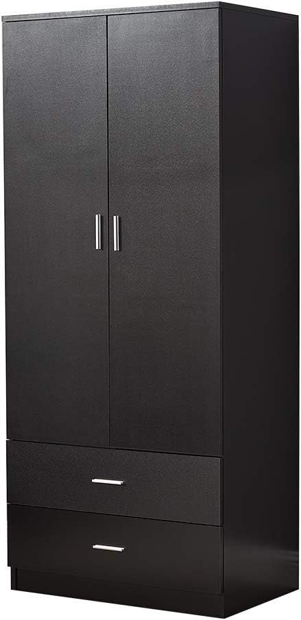 Tall Black 2 Door Wardrobe With Drawers & Hanging Rail Bedroom Storage