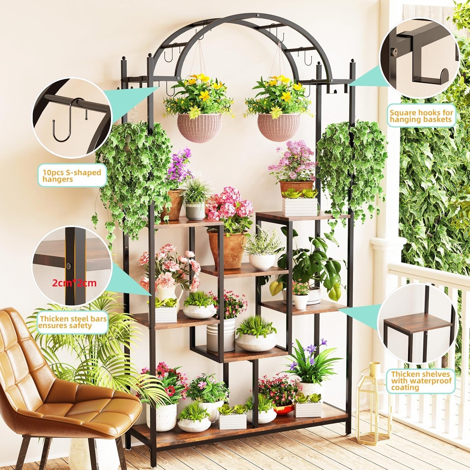 Arched 8 Tier Metal Plant Stand Indoor Outdoor with Hooks Flower Shelf Rack