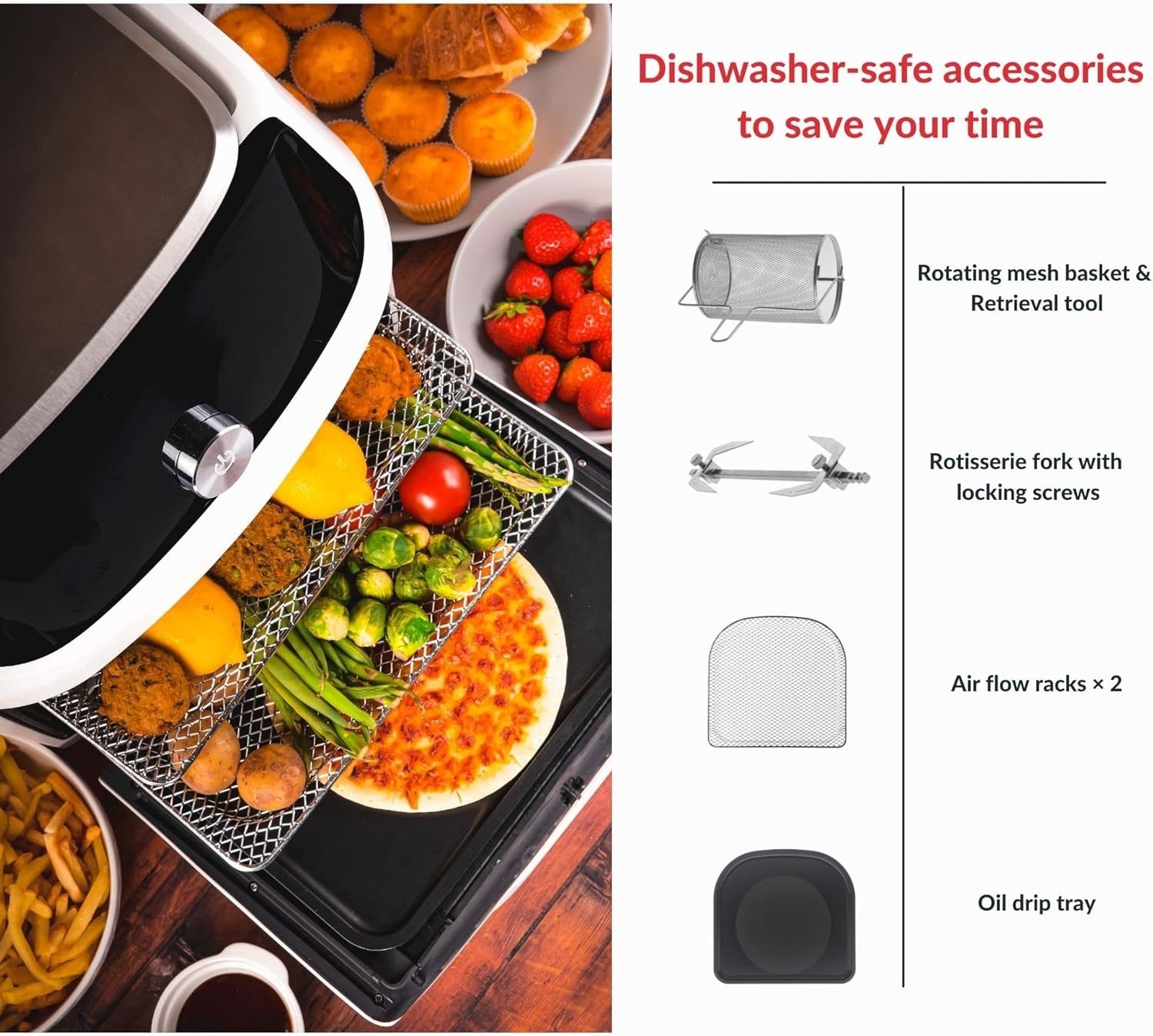 16L Air Fryer Oven Rotisserie 1800W 10 Presets Touchscreen Window white