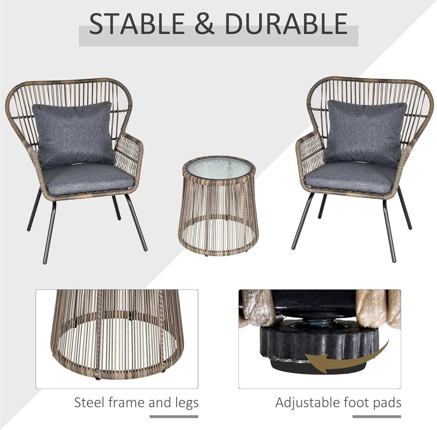 Luxury Rattan Bistro Set 3PC Woven Chairs Glass Table Cushioned Patio Grey