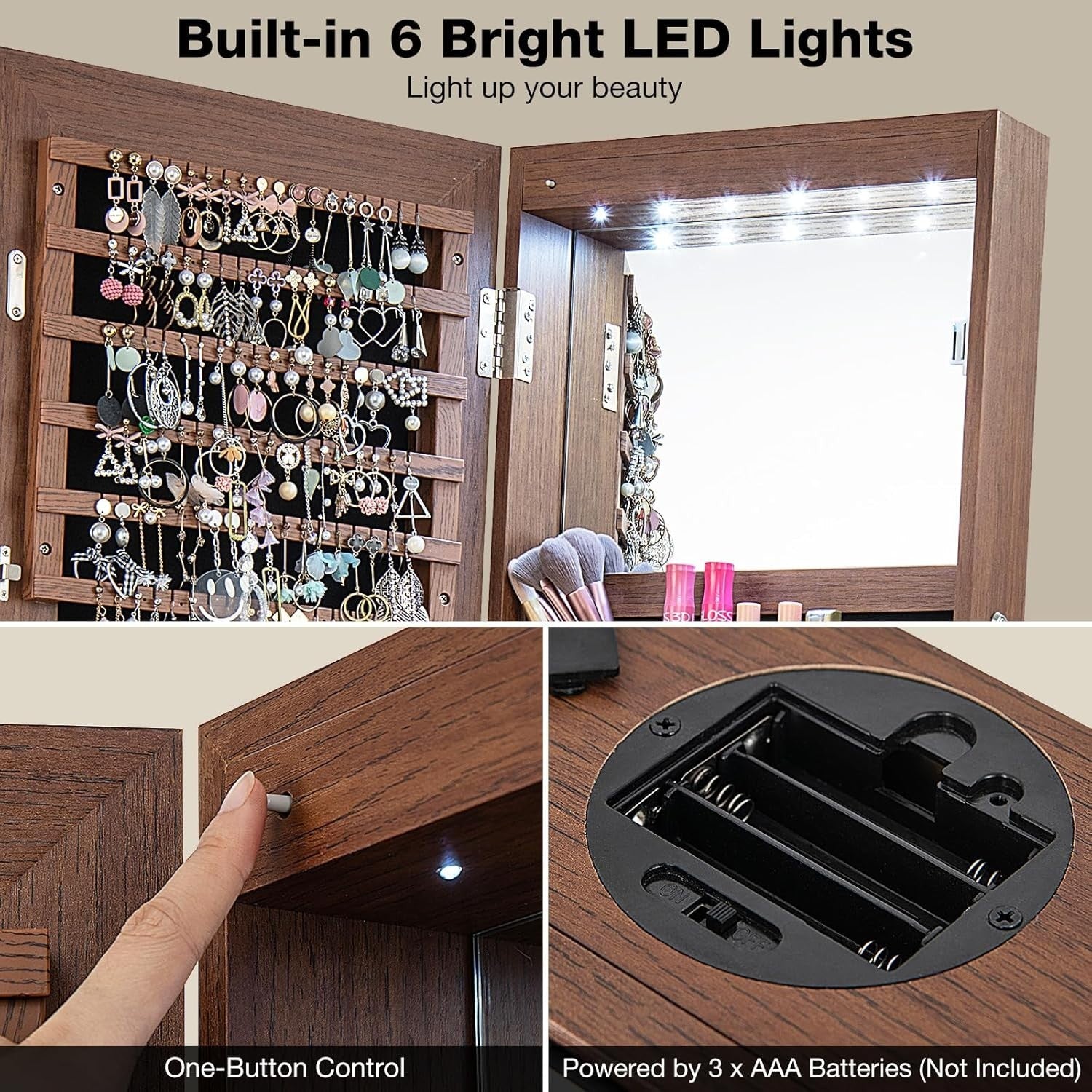 Walnut 360° Swivel LED Jewelry Cabinet Mirror Lockable Storage Organizer