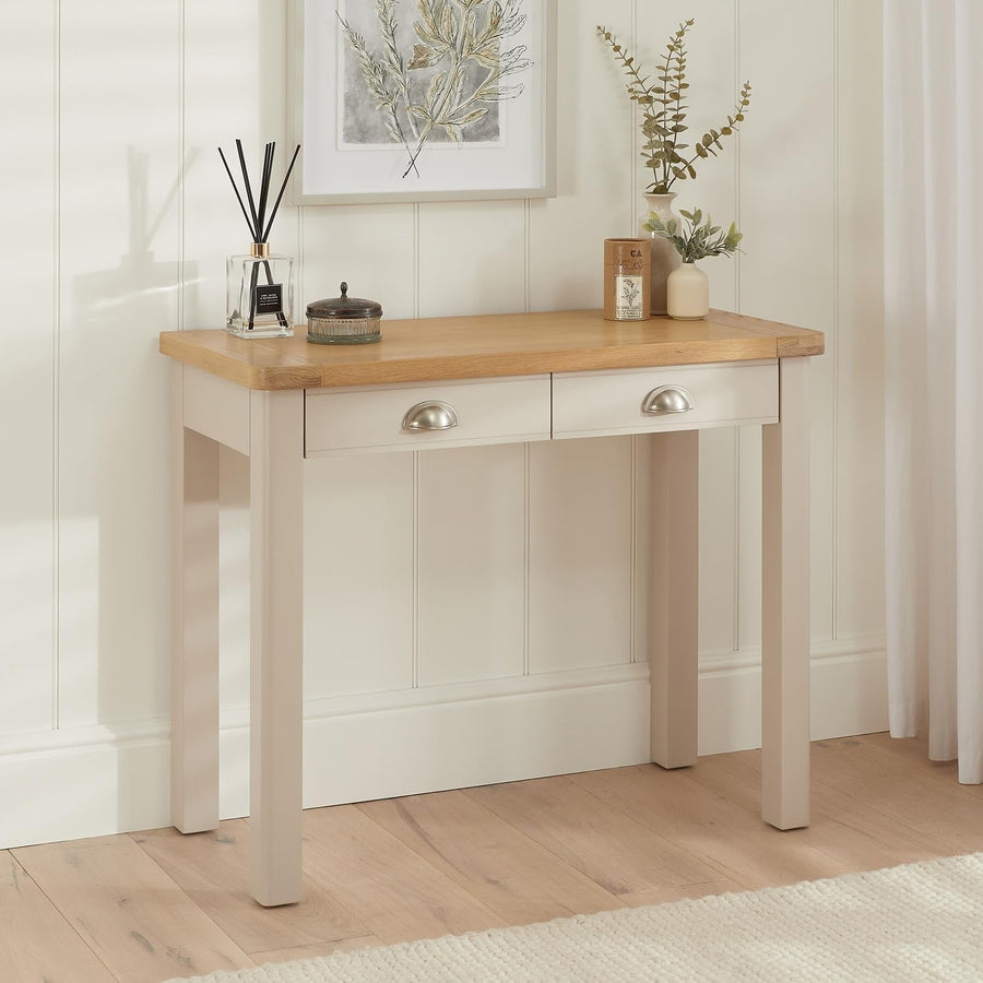 Putty Grey Wood Desk Dressing Table 2 Drawer Home Office Vanity Storage
