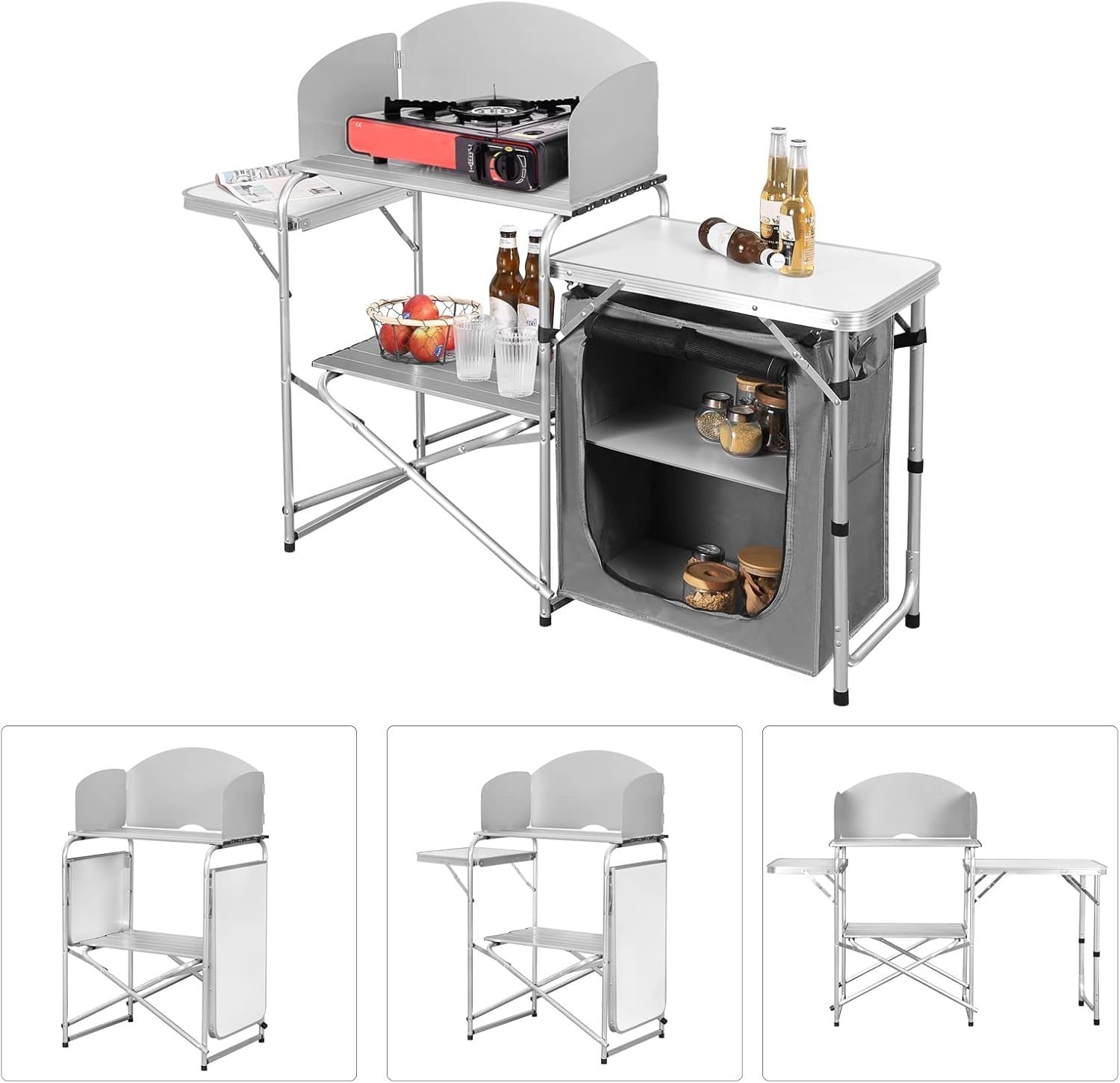 Folding Camping Kitchen Table BBQ Unit w/ Storage, Windshield, Bag