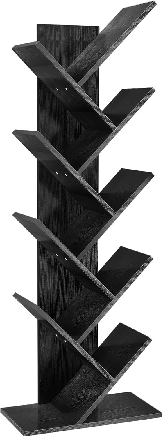 Tall Black Tree Bookshelf | 9-Tier Modern Space-Saving Bookcase for Living Room
