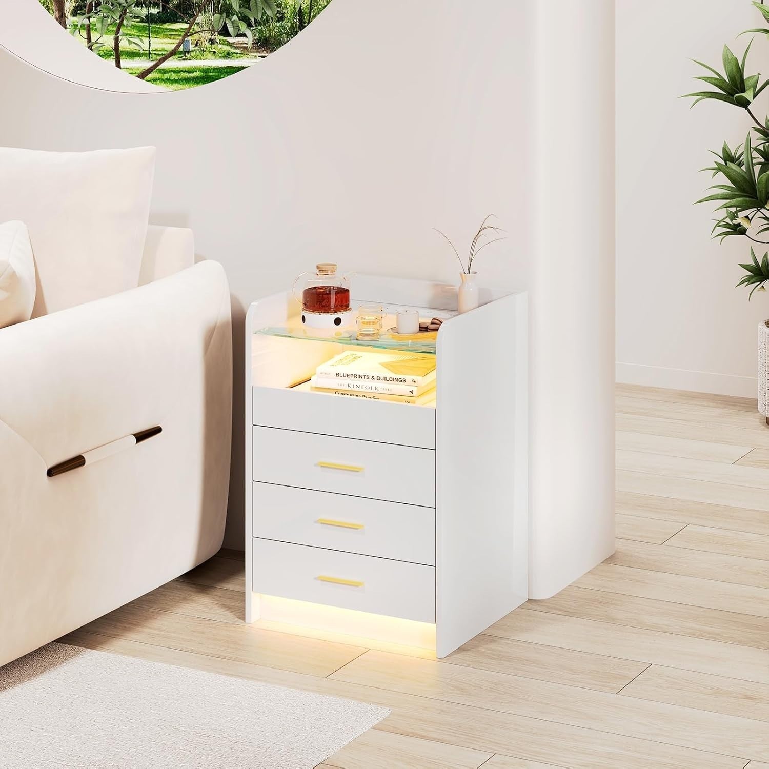 Modern White LED Bedside Table with Power Socket, RGB Light & 3 Drawers