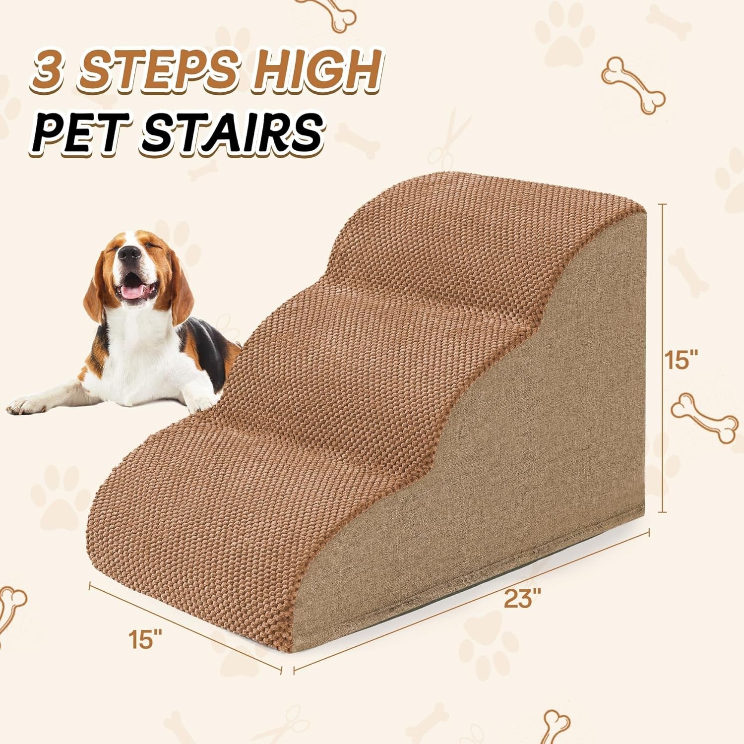 3 Step Dog Stairs Non Slip Pet Ramp for Bed Sofa Washable Brown