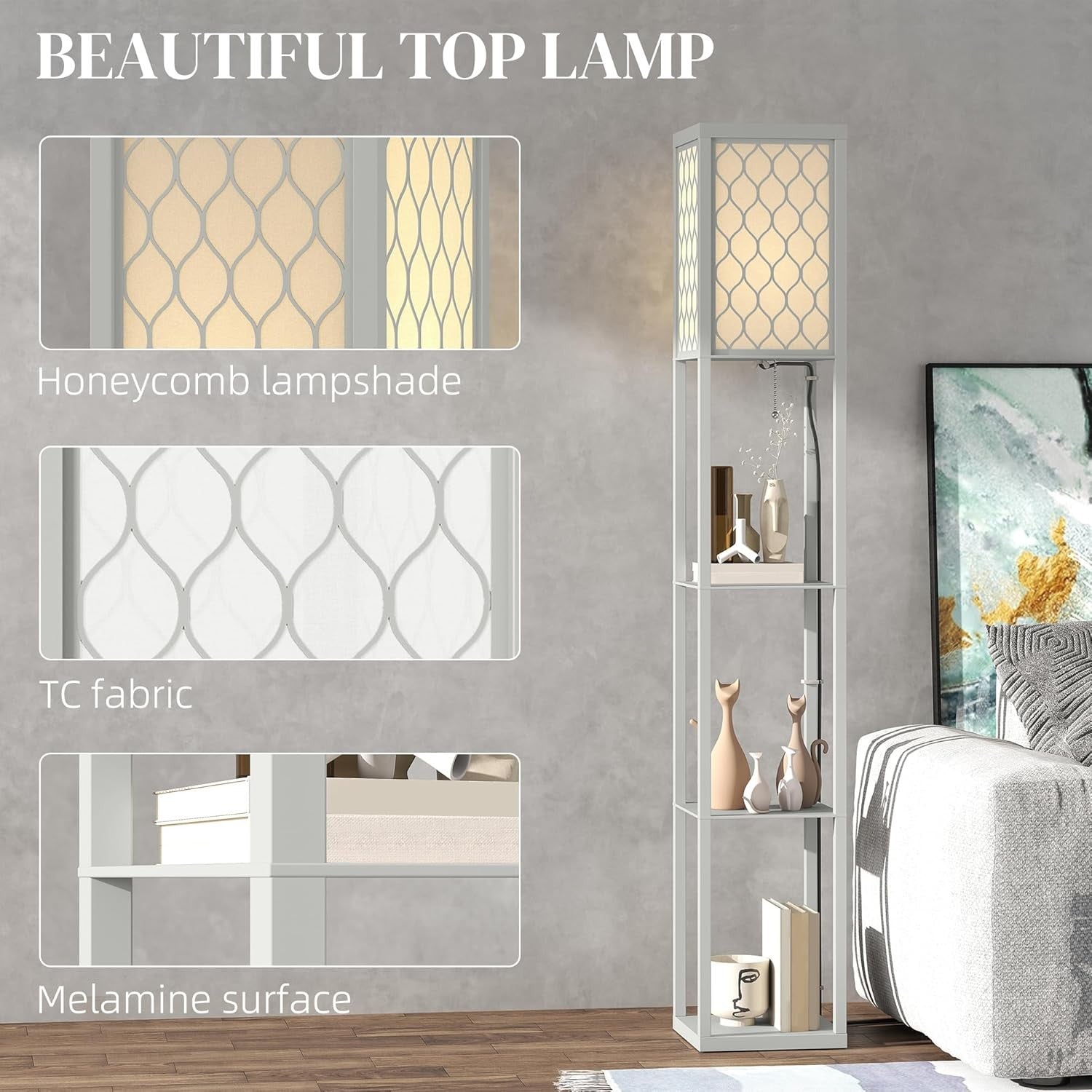 Floor Lamp with Shelves Tall Standing Light Fabric Shade Storage Unit