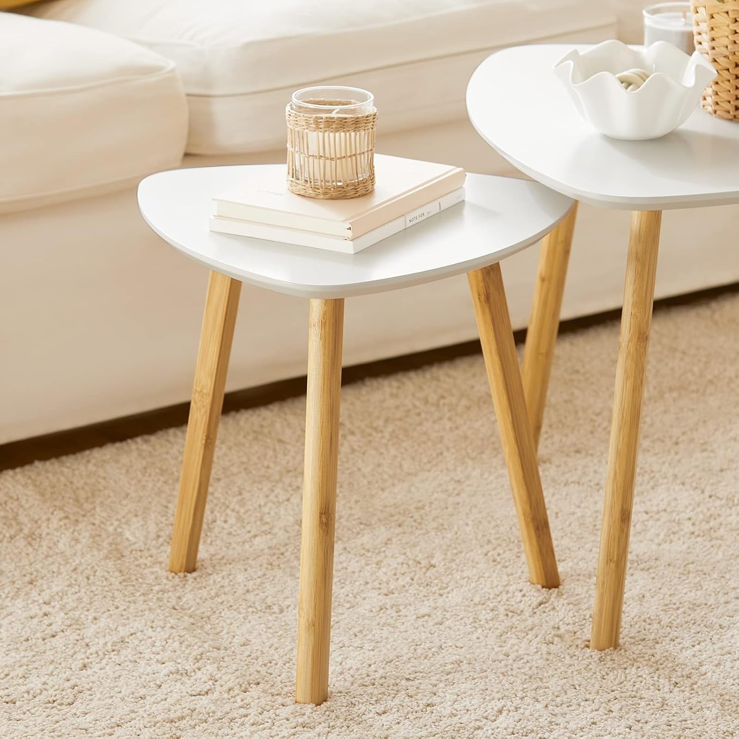 2X Modern White Nesting Coffee Table Set Bamboo Wood Side End Living Room