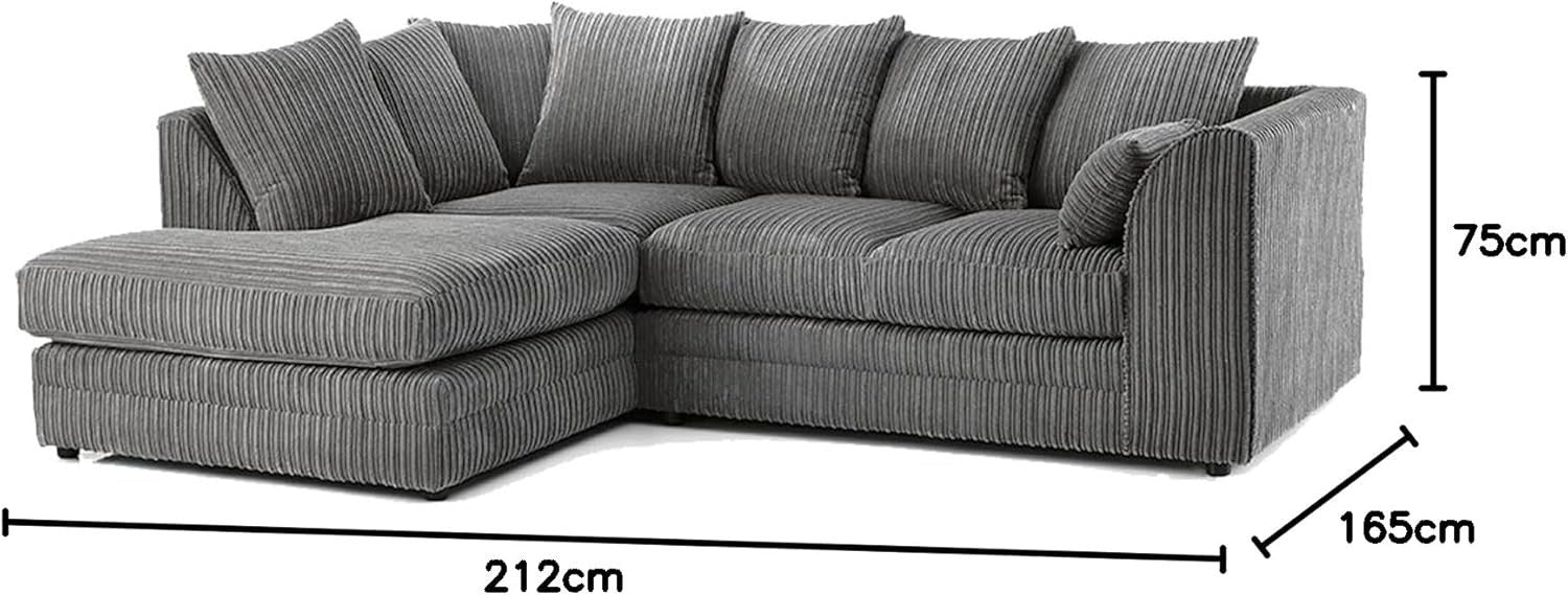 Grey Fabric Corner Sofa LH 3-4 Seater | Soft Cord | Deep Cushions UK Made