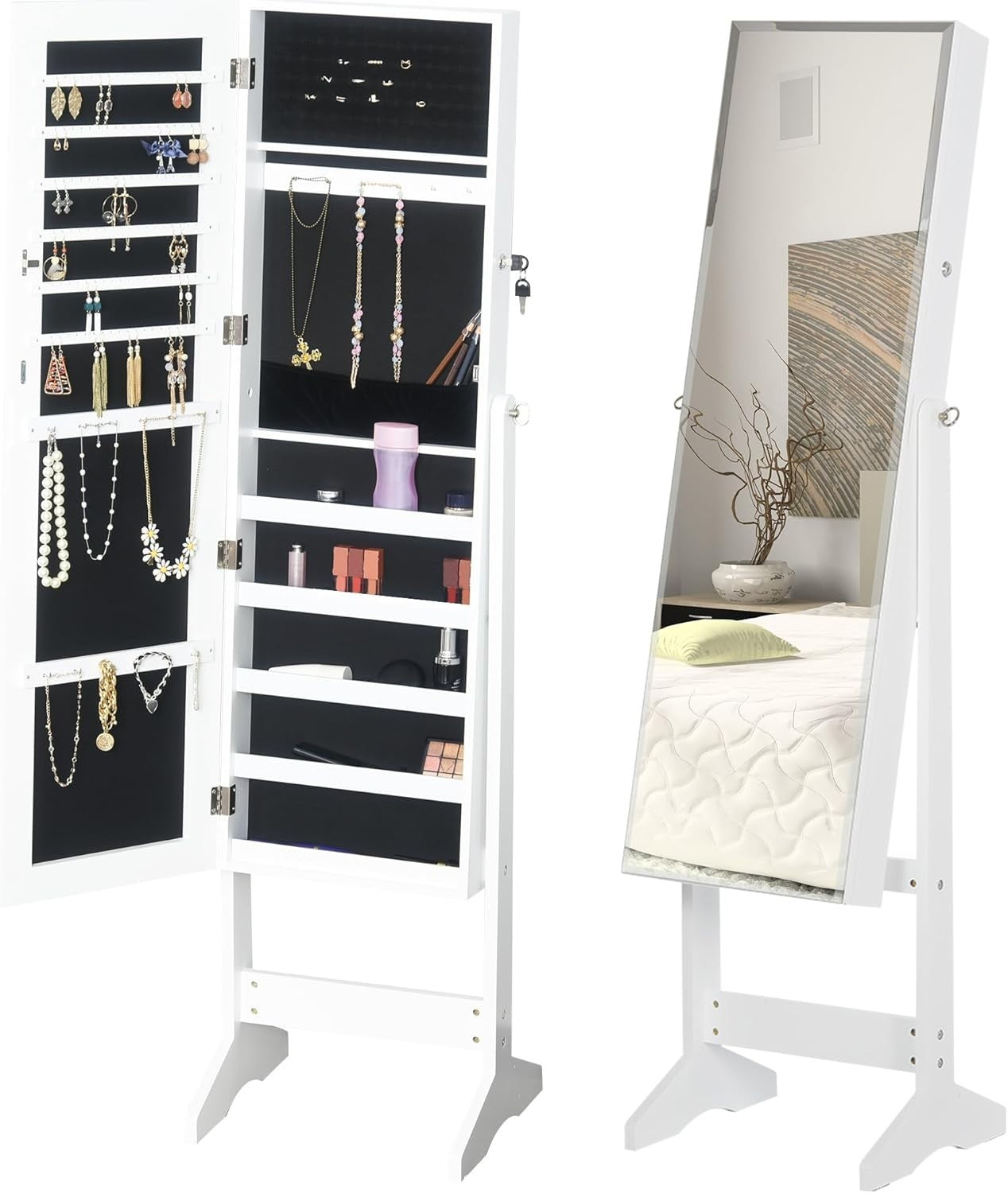 Standing Jewelry Cabinet Full Length Mirror Lockable Storage Organizer White