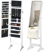 Standing Jewelry Cabinet Full Length Mirror Lockable Storage Organizer White