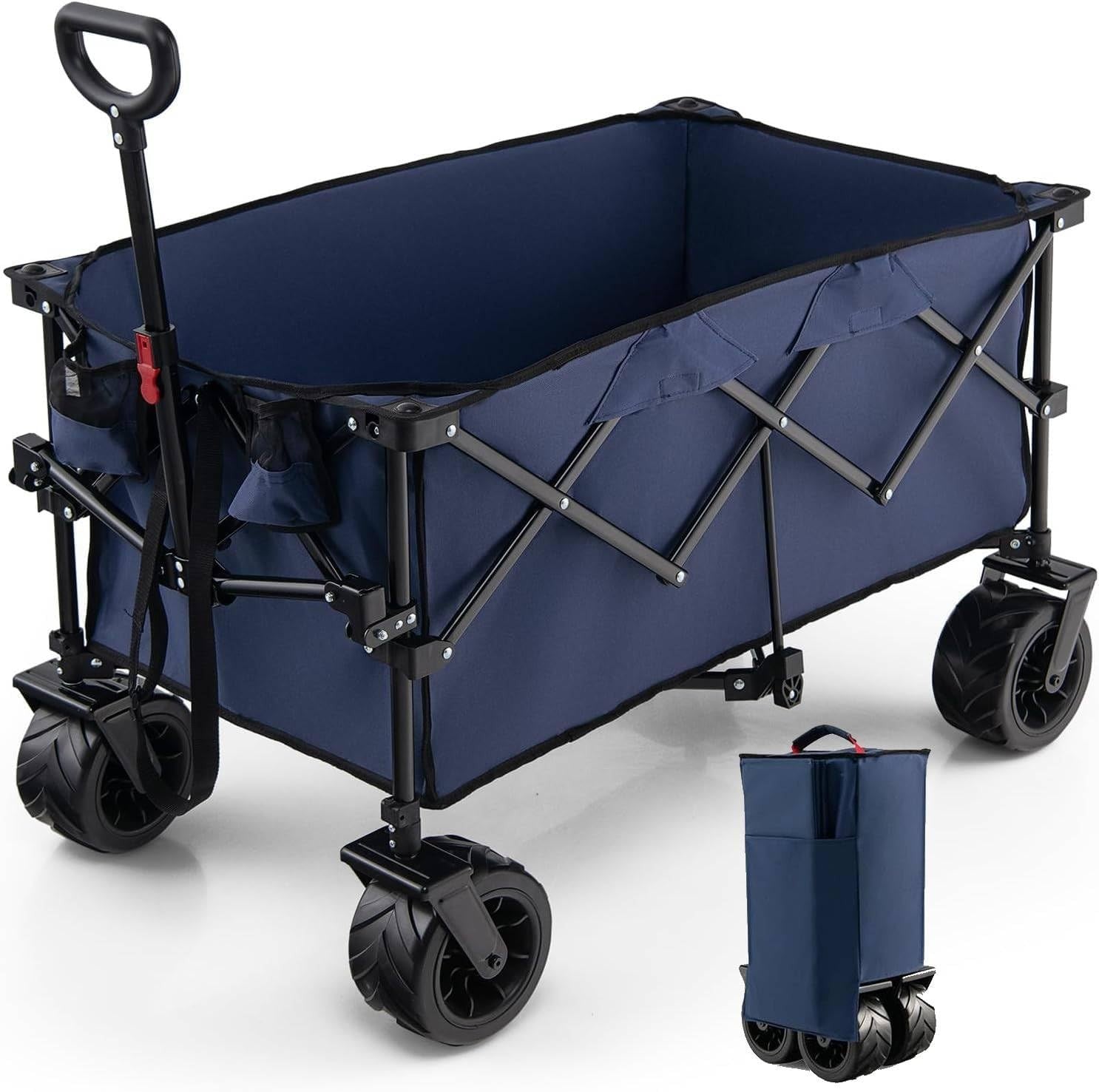 Blue Folding Camping Wagon Heavy Duty Collapsible Garden Cart Adjustable Handle
