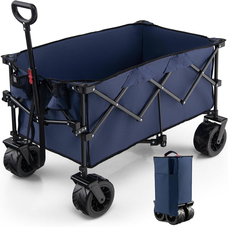 Blue Folding Camping Wagon Heavy Duty Collapsible Garden Cart Adjustable Handle
