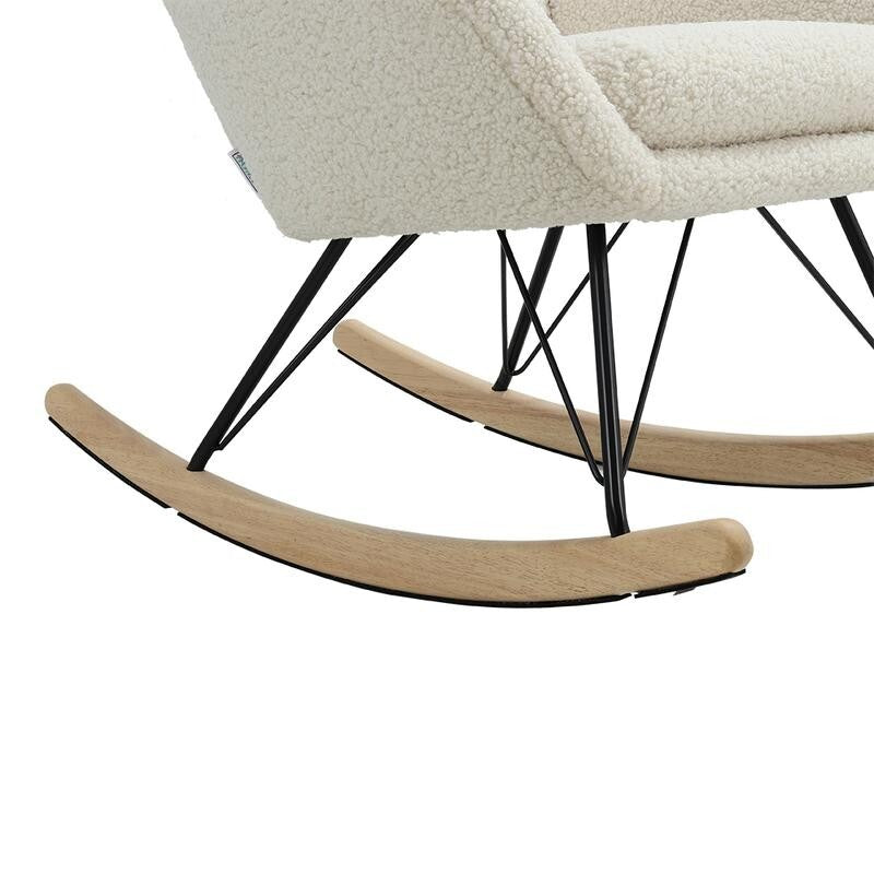 Beige Sherpa Rocking Chair High Back Seat with Arms & Wood Runners