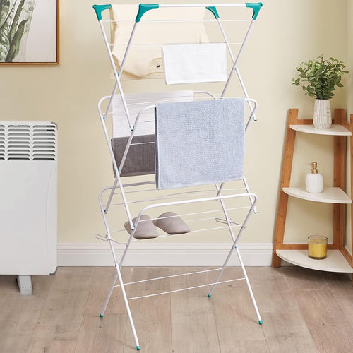 14m Clothes Airer 3 Tier Folding Laundry Drying Rack with Corner Hooks Indoor