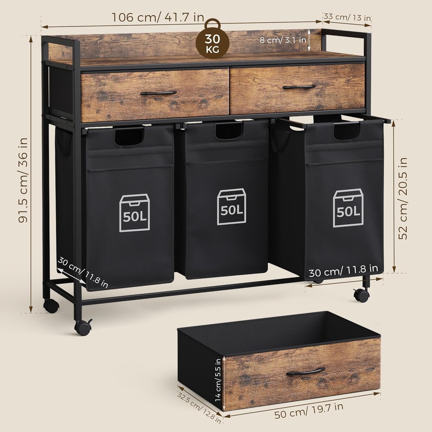3 Compartment Laundry Sorter on Wheels with Drawers Rustic Brown Black 106cm