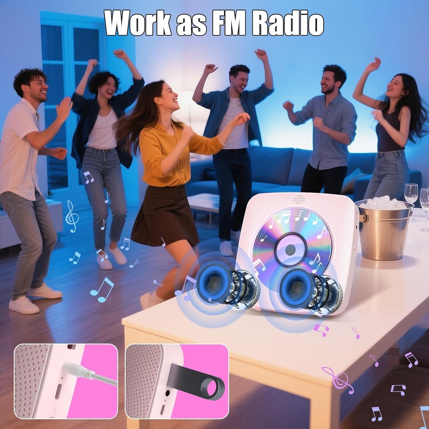 Desktop CD Player Bluetooth Speakers FM Radio USB AUX Remote Pink