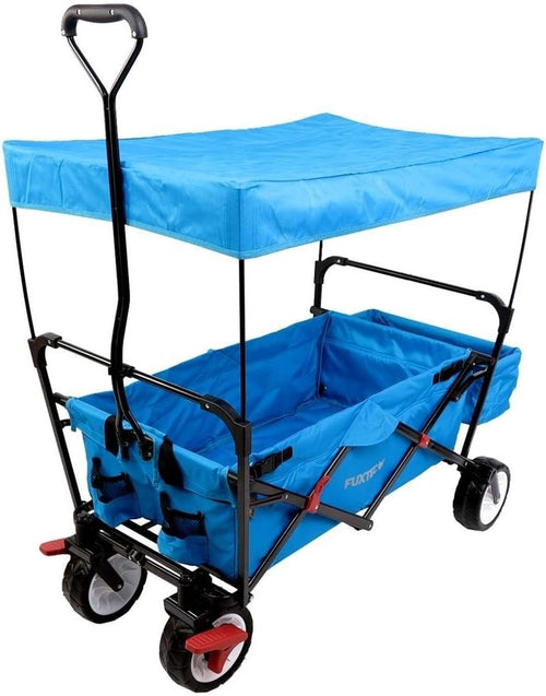 Blue Folding Wagon w/ Canopy Compact Pull Cart Outdoor Garden Trolley w/ Bag