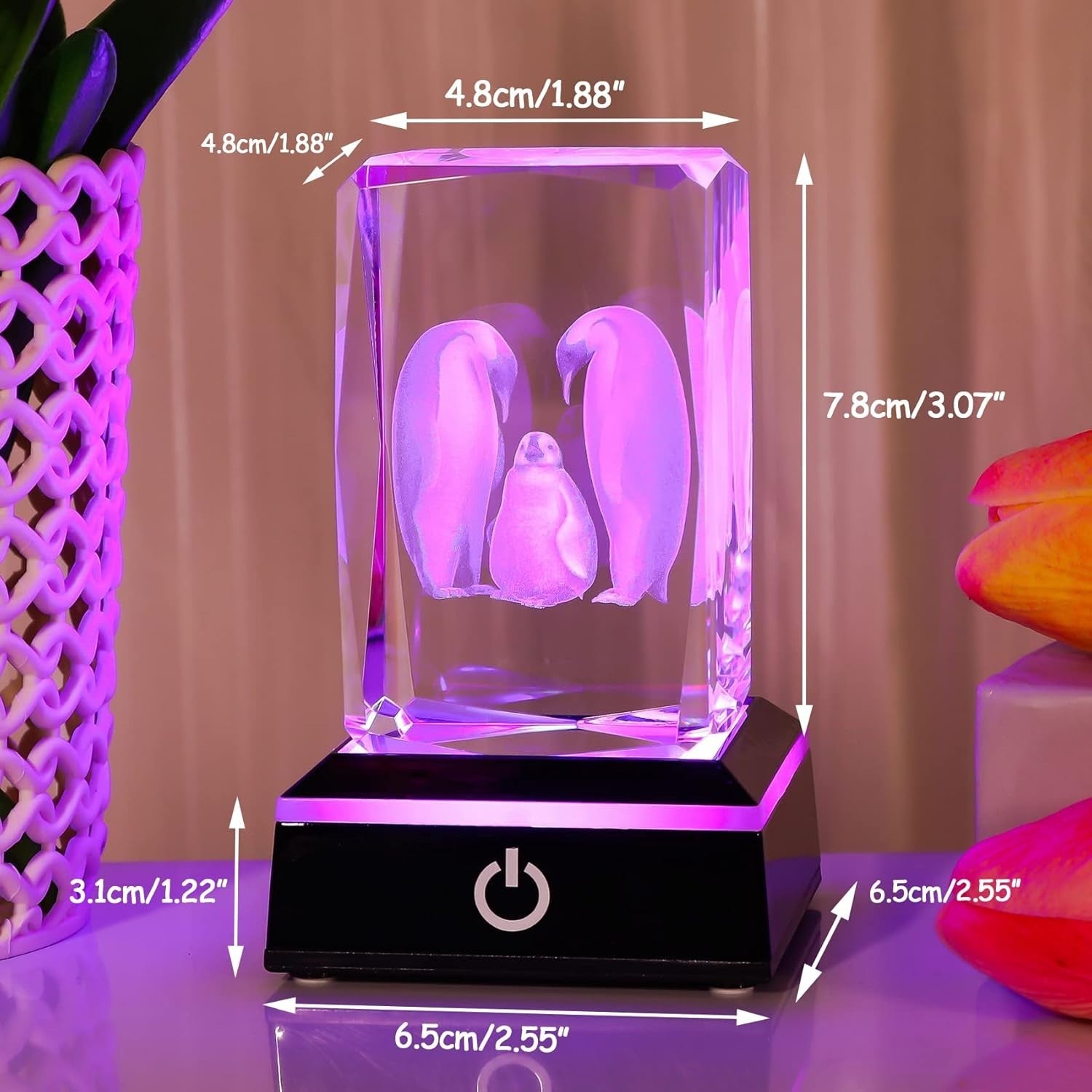 3D Crystal Penguin Family Figurine with LED Base • Glass Night Light Gift Decor