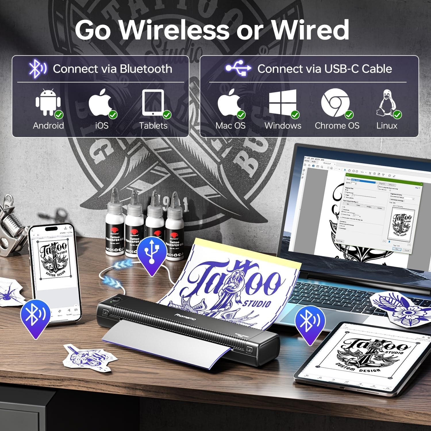 A4 Tattoo Stencil Printer Black Wireless Thermal Transfer Kit