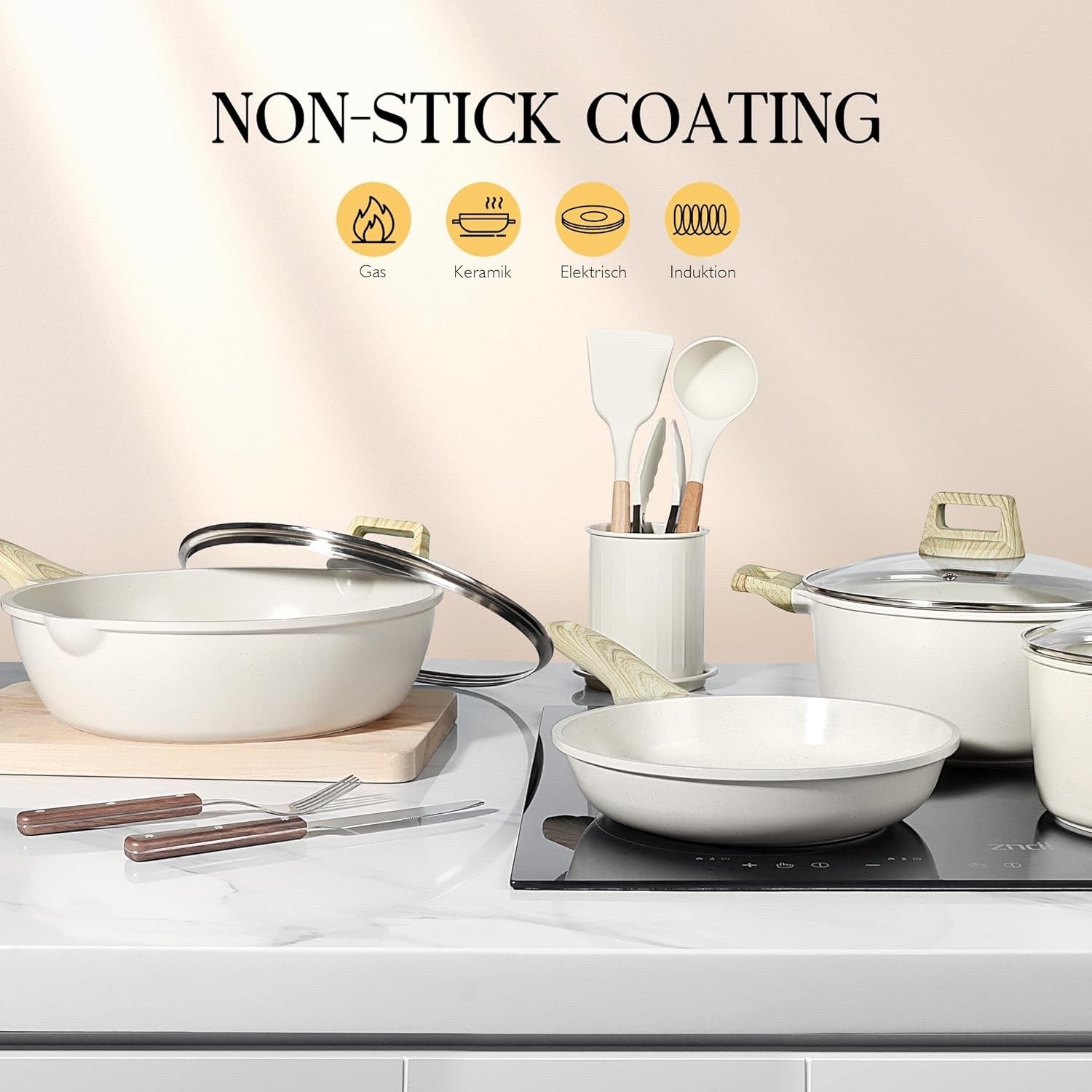 18Pcs Ceramic Non Stick Cookware Set PFAS-Free Induction Pots & Pans with Lids