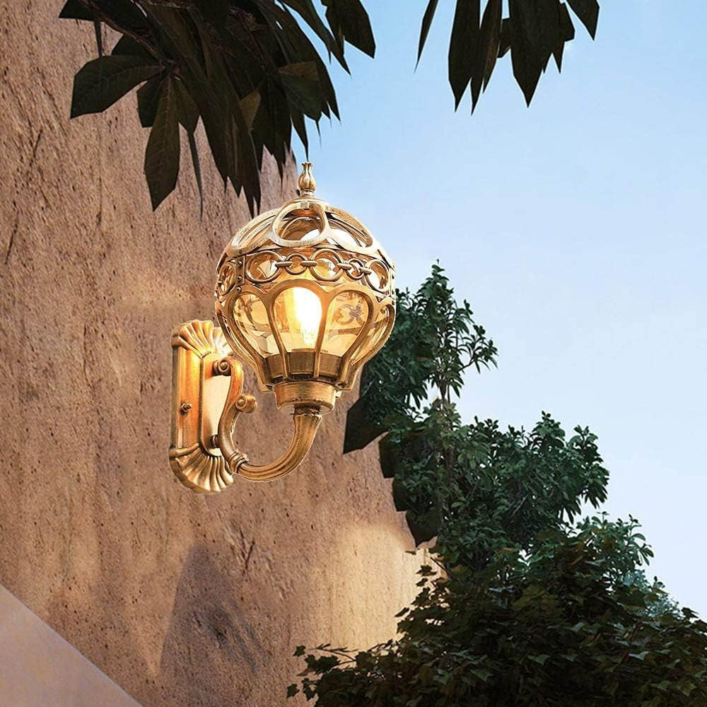 Vintage Gold Outdoor Wall Lantern – Waterproof Glass Sconce Light