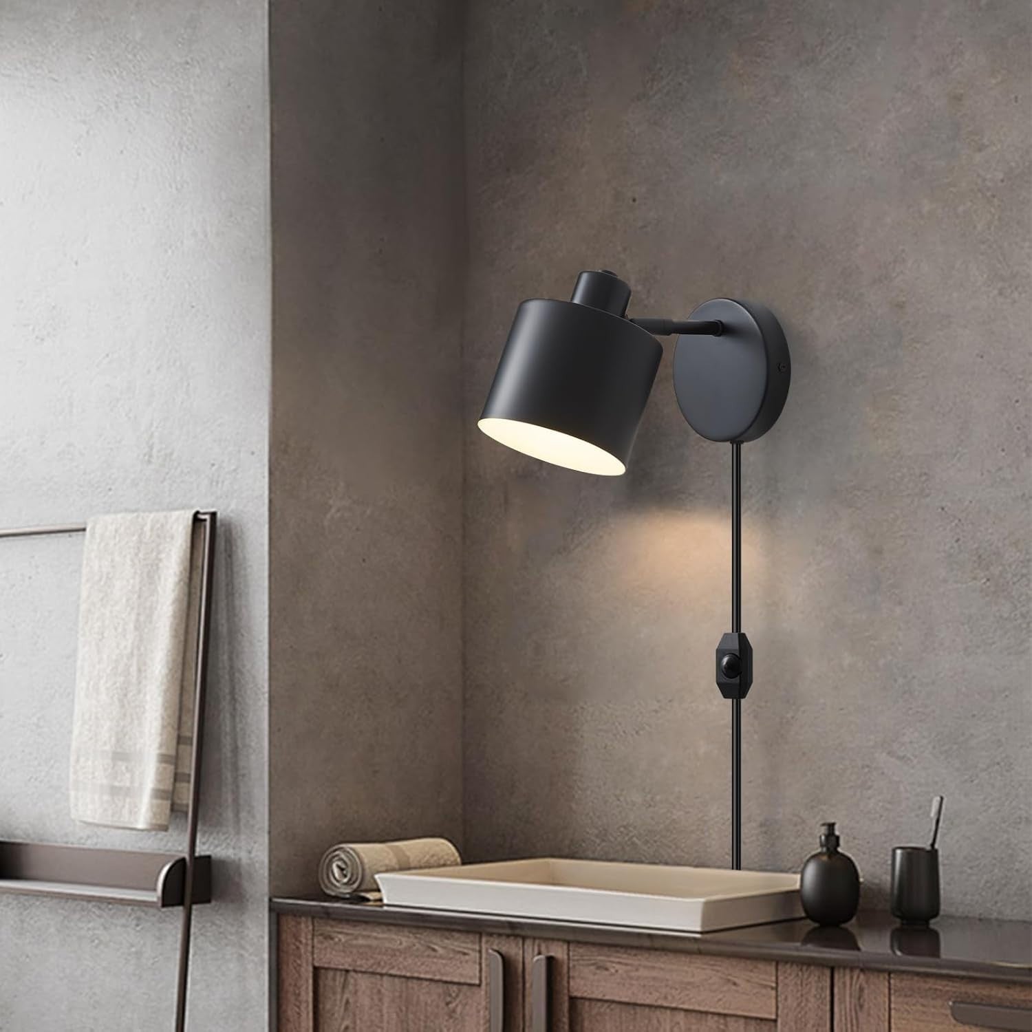 Dimmable 360° Rotatable Wall Lamp, Plug-In LED Sconce Light for Bedroom