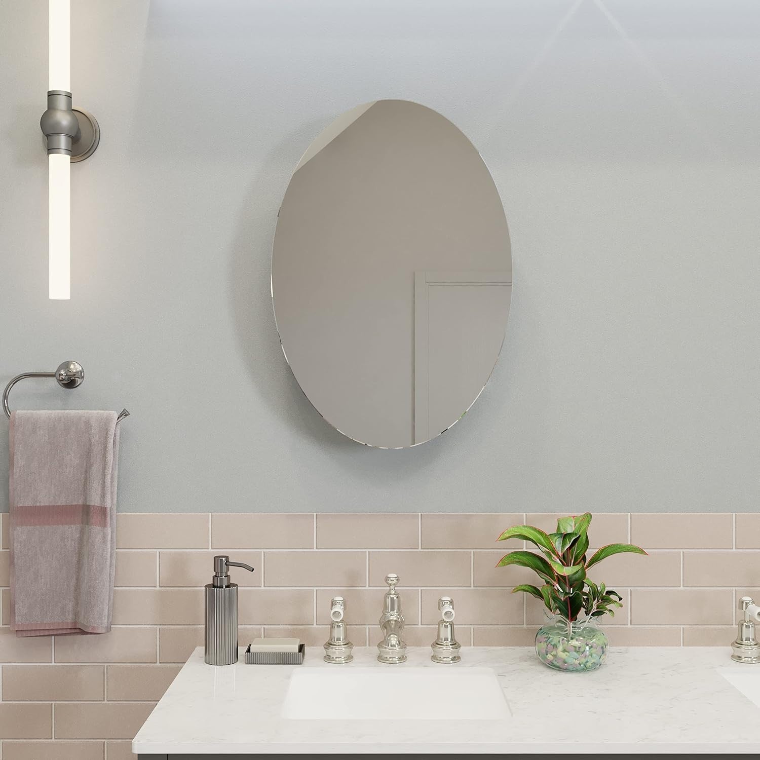 Oval Bathroom Mirror Cabinet Stainless Steel Storage Wall Mount 42.5x30x10cm