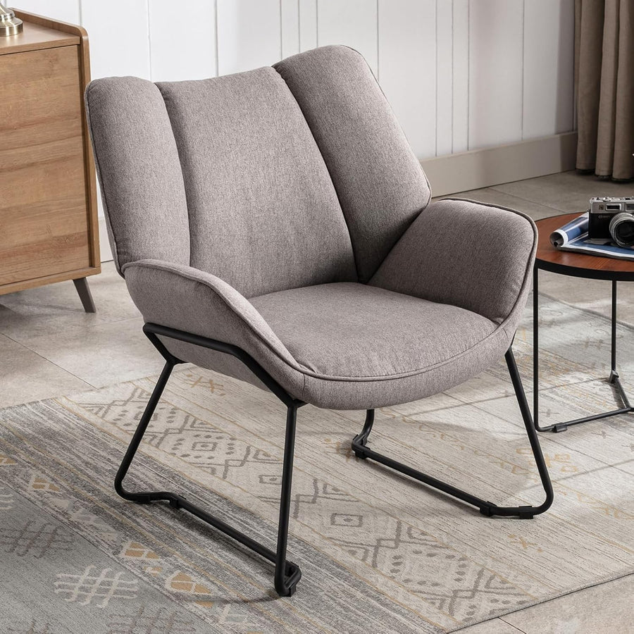 Gray Linen Armchair Modern Tub Chair Upholstered Metal Legs