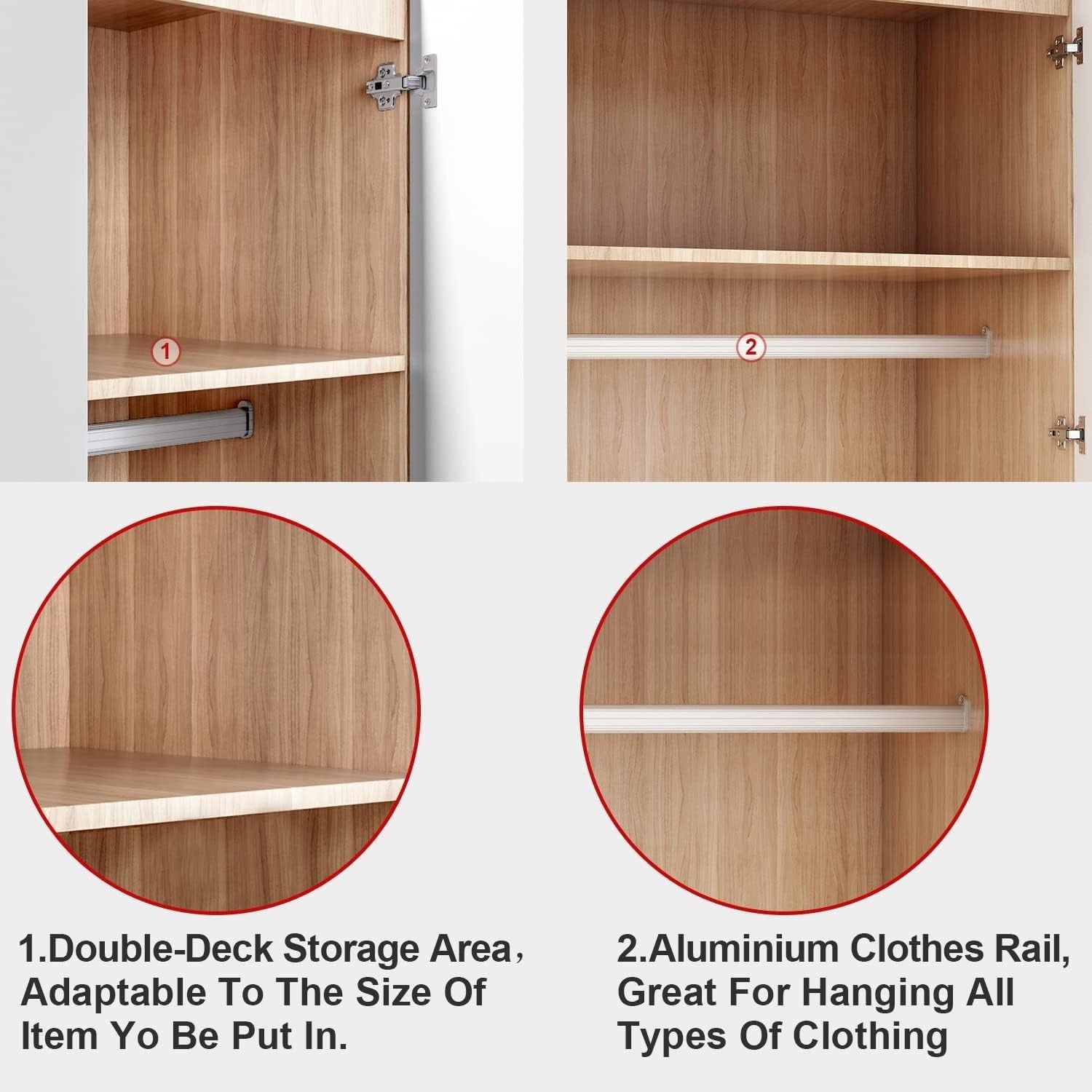Modern High Gloss 2 Door Wardrobe White Oak Hanging Rail Bedroom Storage