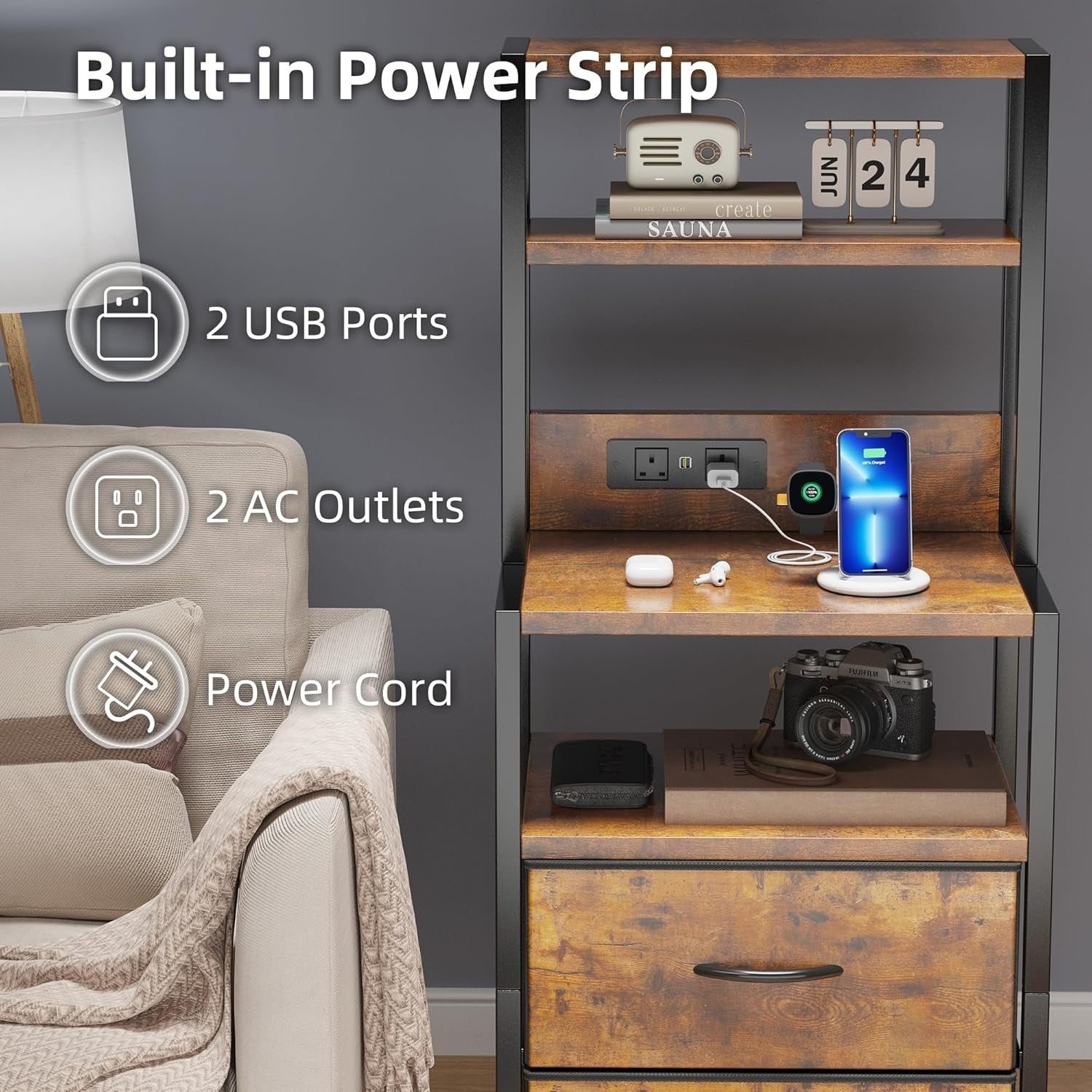 Rustic Brown Bedside Table with Charging Station & LED Light, 2 Drawers Modern