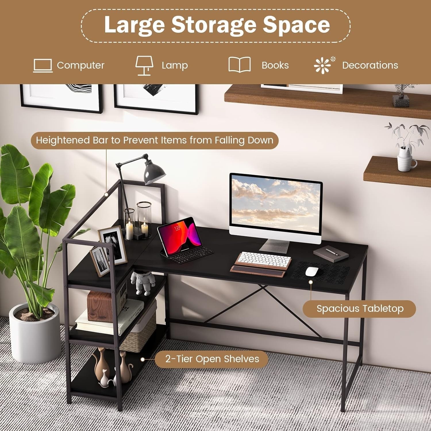 Modern Black L-Shaped Computer Desk w/Reversible Shelves & Metal Frame