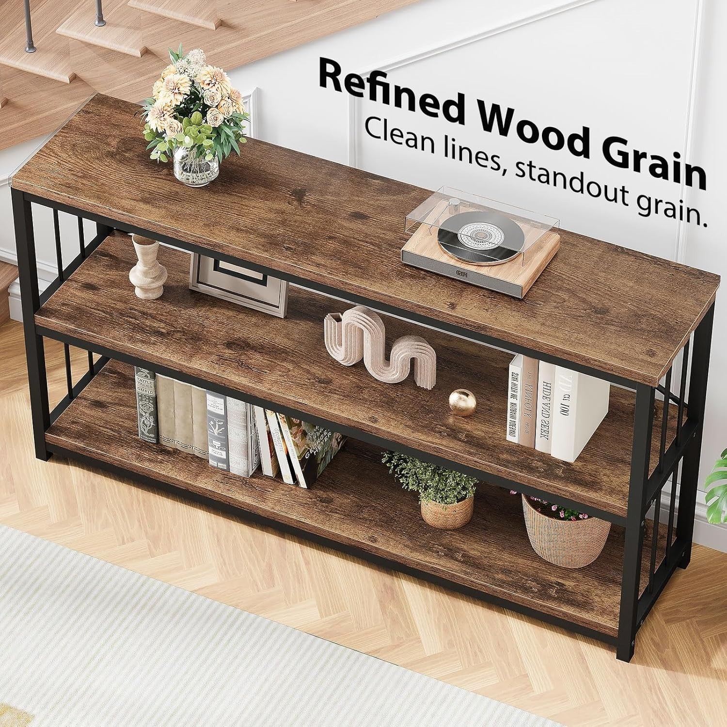 Rustic Industrial Console Table 3-Tier Storage Wood Metal 120x34x74cm