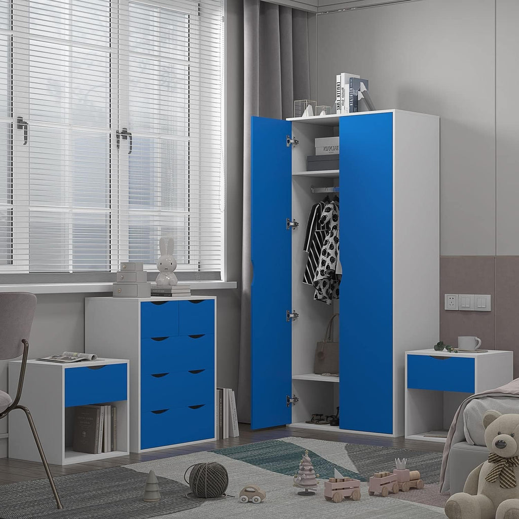 4pc Bedroom Furniture Set Wardrobe Chest Bedside Cabinet Blue on White