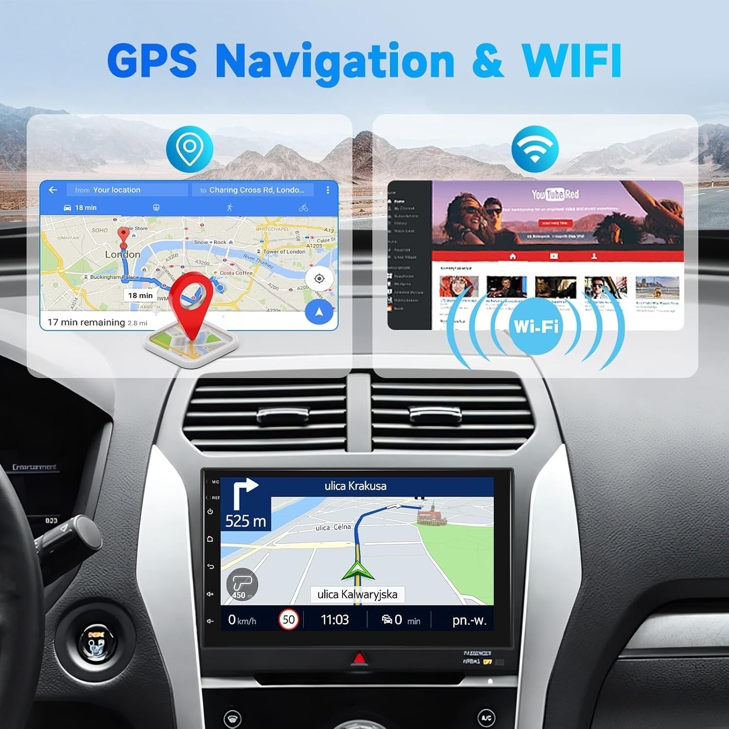 7" Android Car Stereo Double Din GPS Radio, Bluetooth WiFi MP5