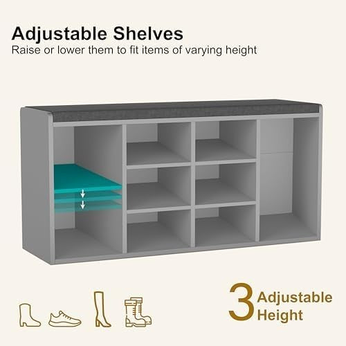 Grey Shoe Storage Bench with Cushion Seat 9 Cubes Adjustable Shelves Entryway