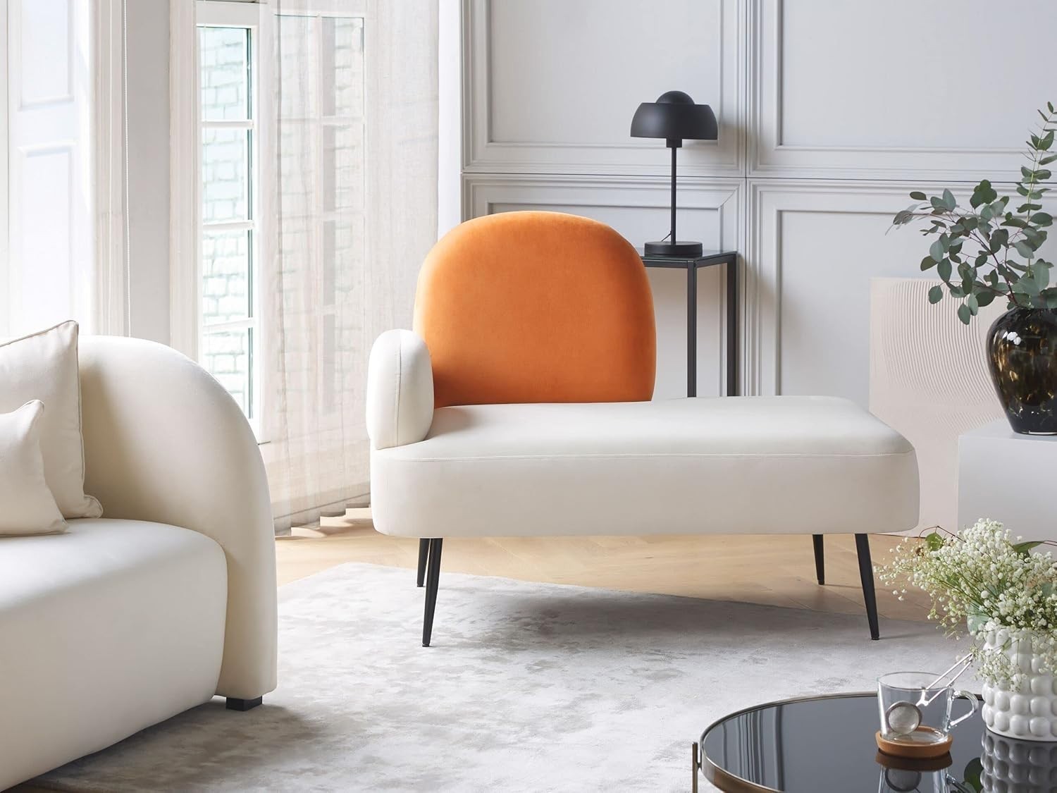 Modern Velvet Left Hand Chaise Lounge White Orange Minimalist Armrest Fabric