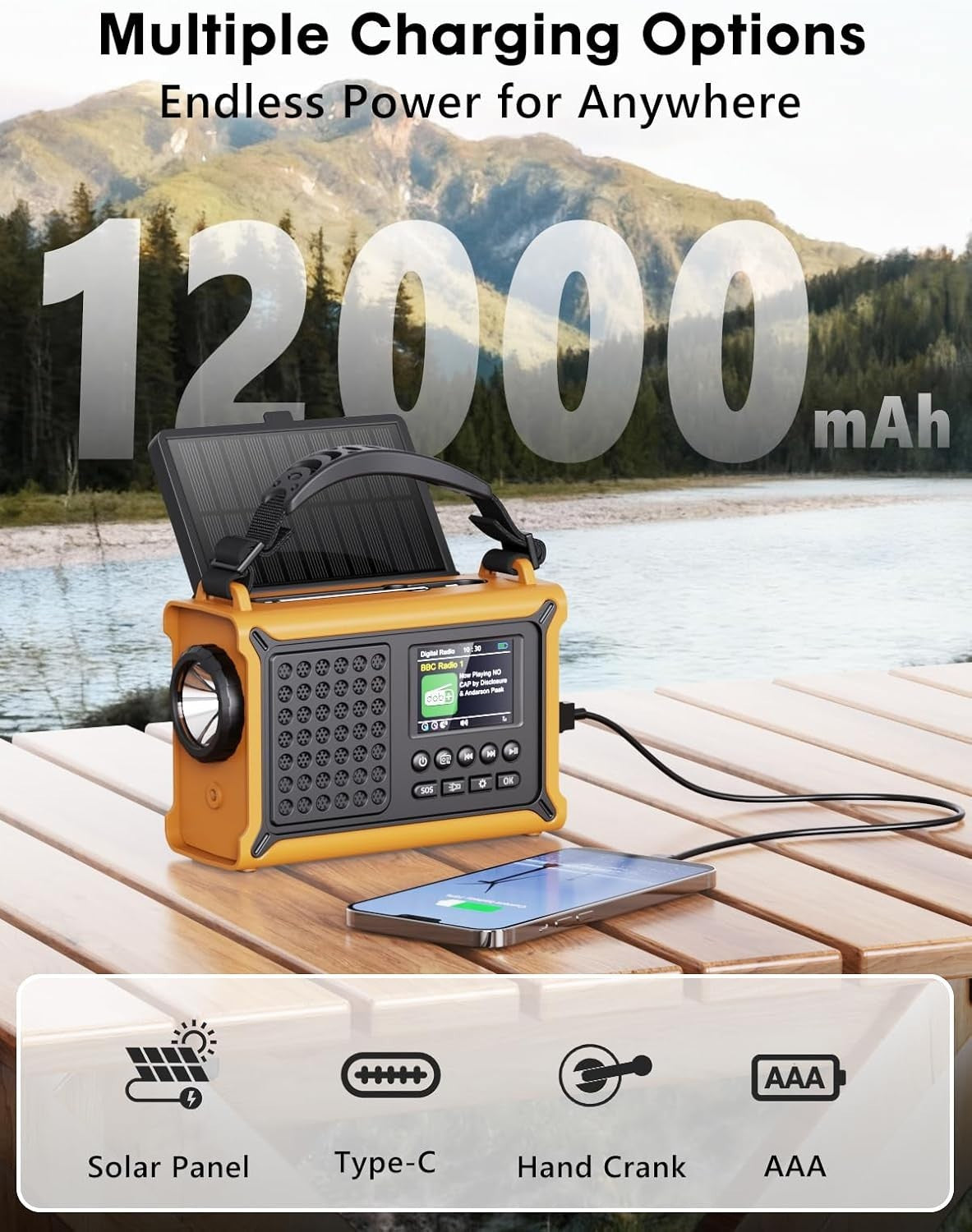 Emergency Solar & Wind-Up DAB+/FM Radio with Bluetooth, Torch & 12000mAh