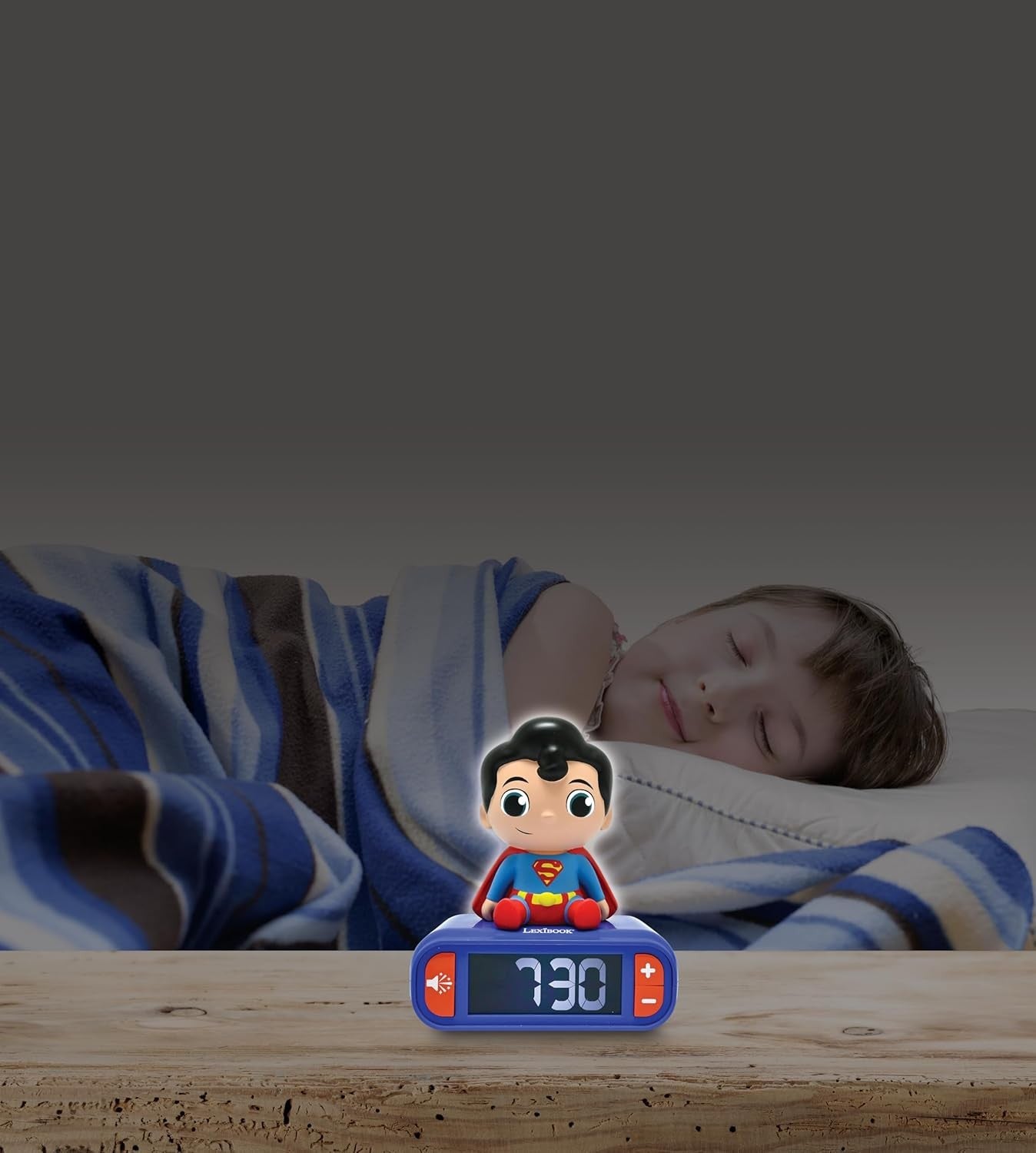 Kids Superhero Alarm Clock Night Light Blue Red LCD Snooze Sounds