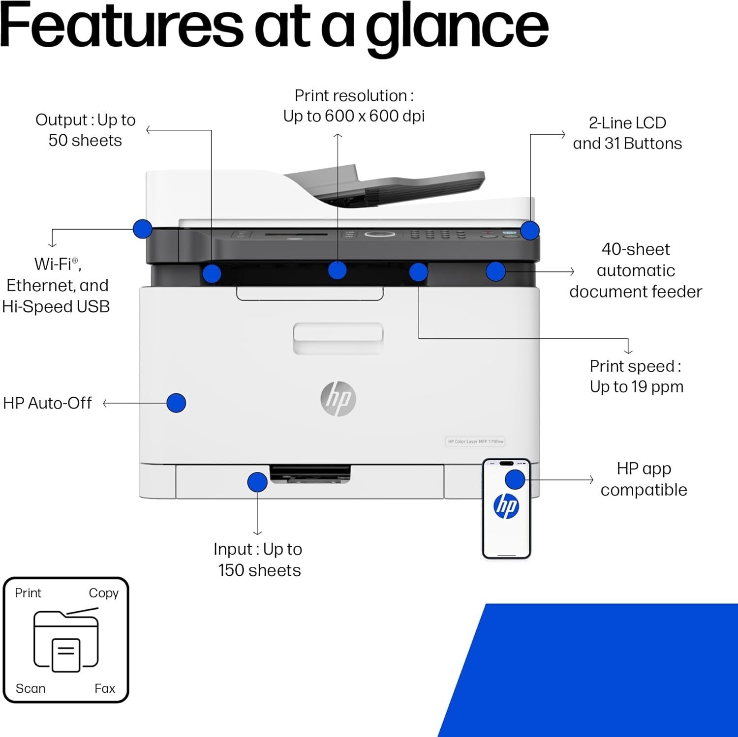 Colour Wireless Laser Multifunction Printer Fax A4 White WiFi