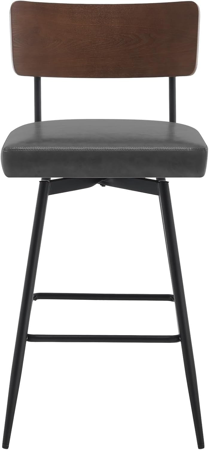 Swivel Bar Stools Set of 2 PU Leather Grey Wood Back 65cm Seat
