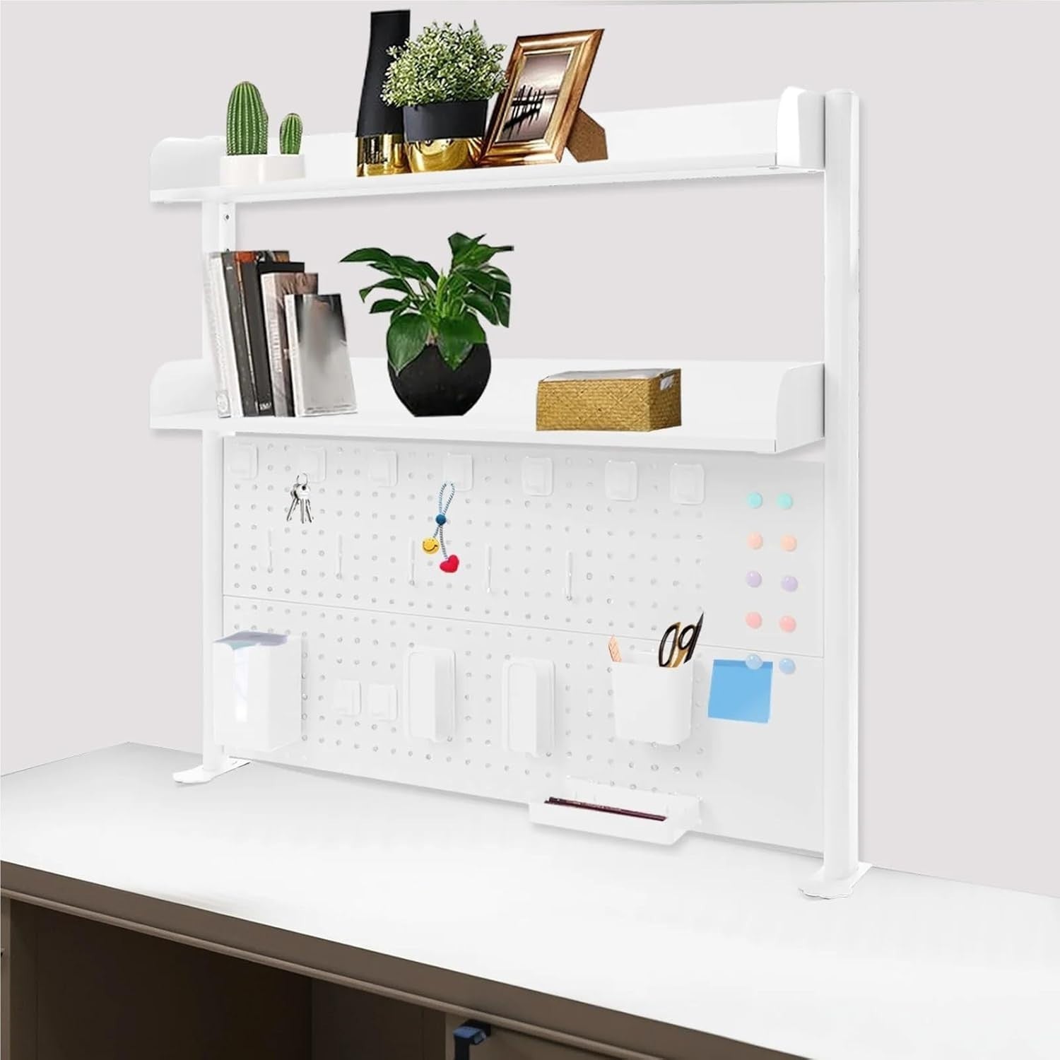 Clamp-On Desk Shelf 2-Tier Pegboard Adjustable Desktop Organizer White