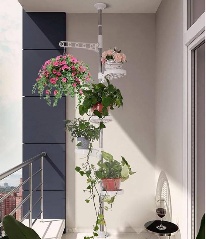 Adjustable 5 Tier Indoor Plant Stand Tension Pole Floor to Ceiling Rack Space