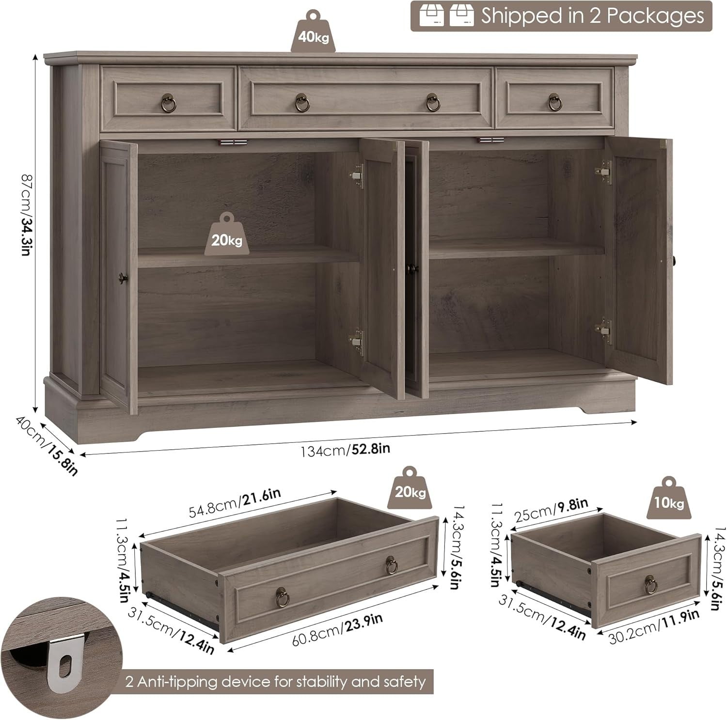 Grey Sideboard Cabinet 4 Door 3 Drawer Storage Unit for Dining Kitchen**