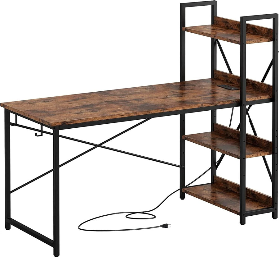 4 Tier Reversible Computer Desk 120cm Rustic Industrial Table w/ USB & Sockets