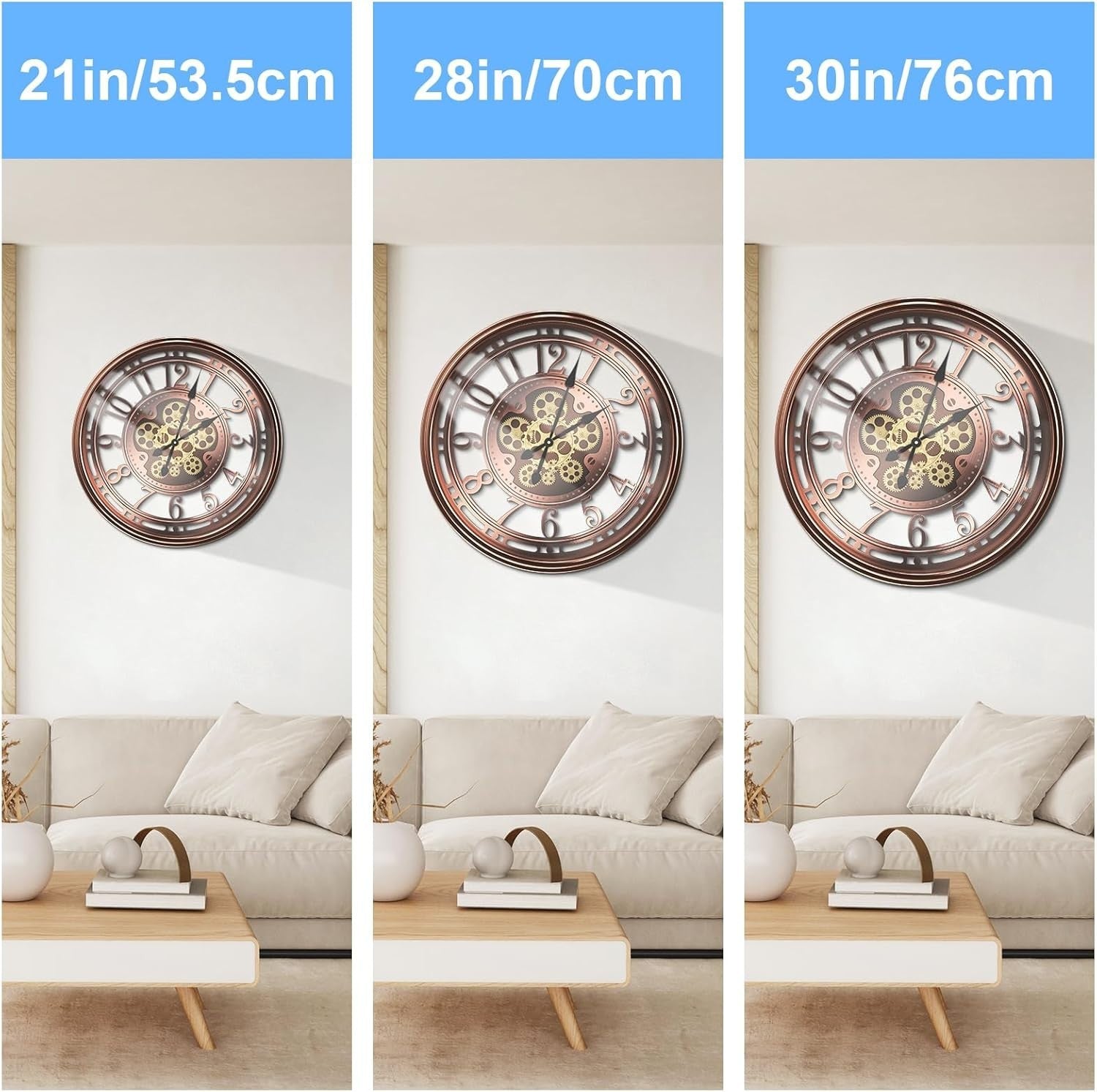 Copper Moving Gear Wall Clock, 21” Industrial Steampunk Metal Decor